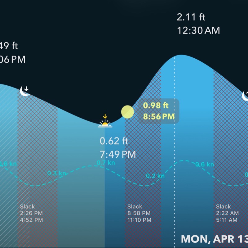 Tide Alert app showing progressive wave current pattern with slack water occurring between high and low tides